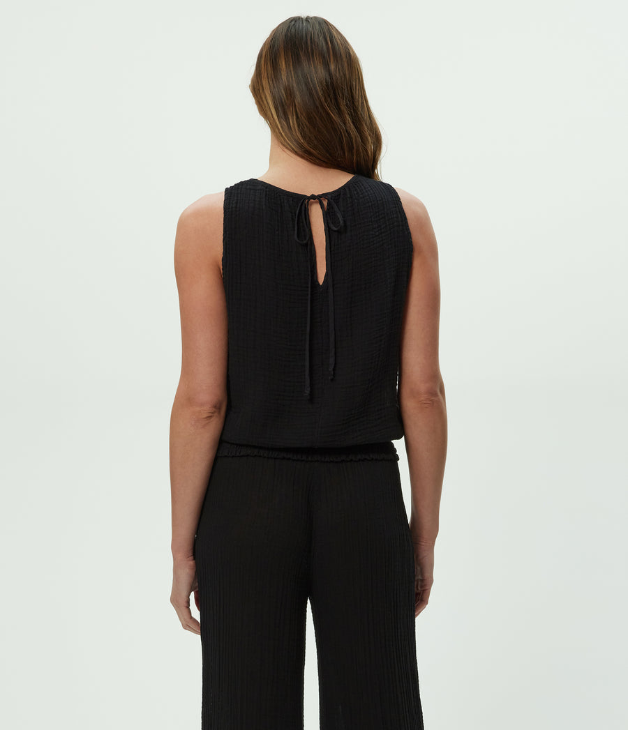 Janelle Tie Neck Tank in Black Back View  #BLACK