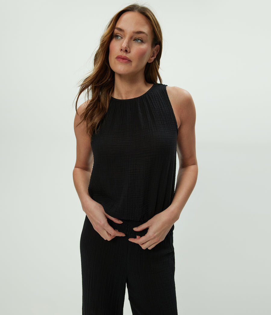 Janelle Tie Neck Tank in Black Close up View #BLACK