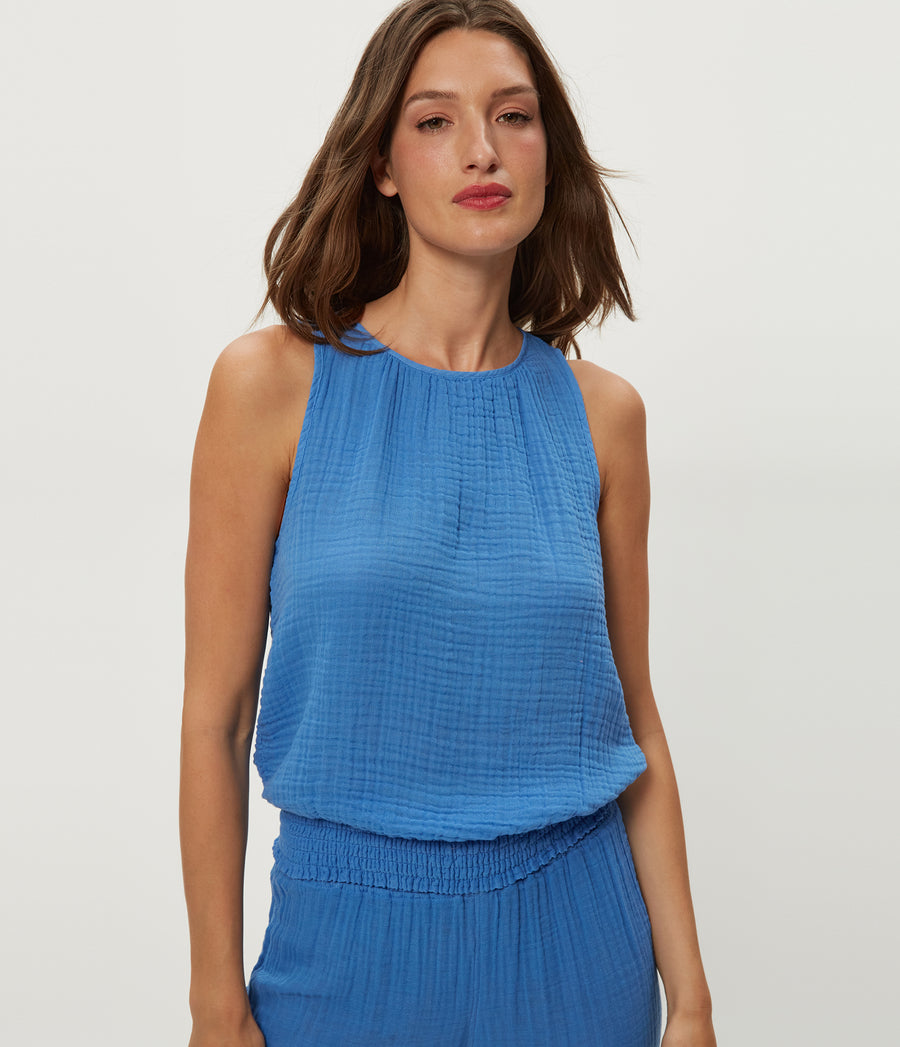 Janelle Tie Neck Tank in BABY BLUE Blue Close up View #BLUE RIBBON