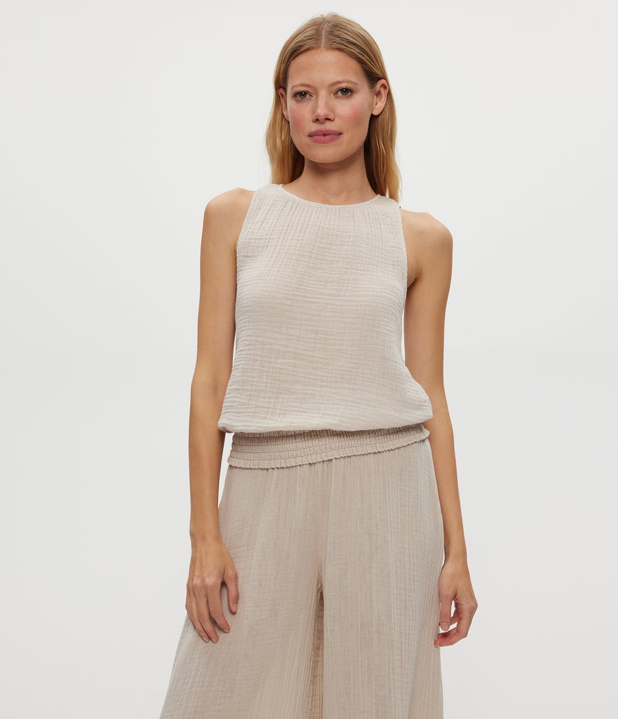 Janelle Tie Neck Tank in  Cement  Beige Close up View #CEMENT