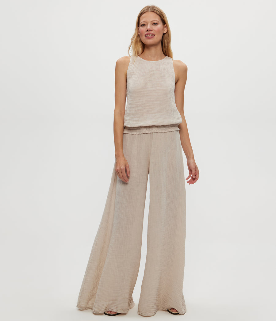 Janelle Tie Neck Tank in  Cement  Beige Full Body View #CEMENT