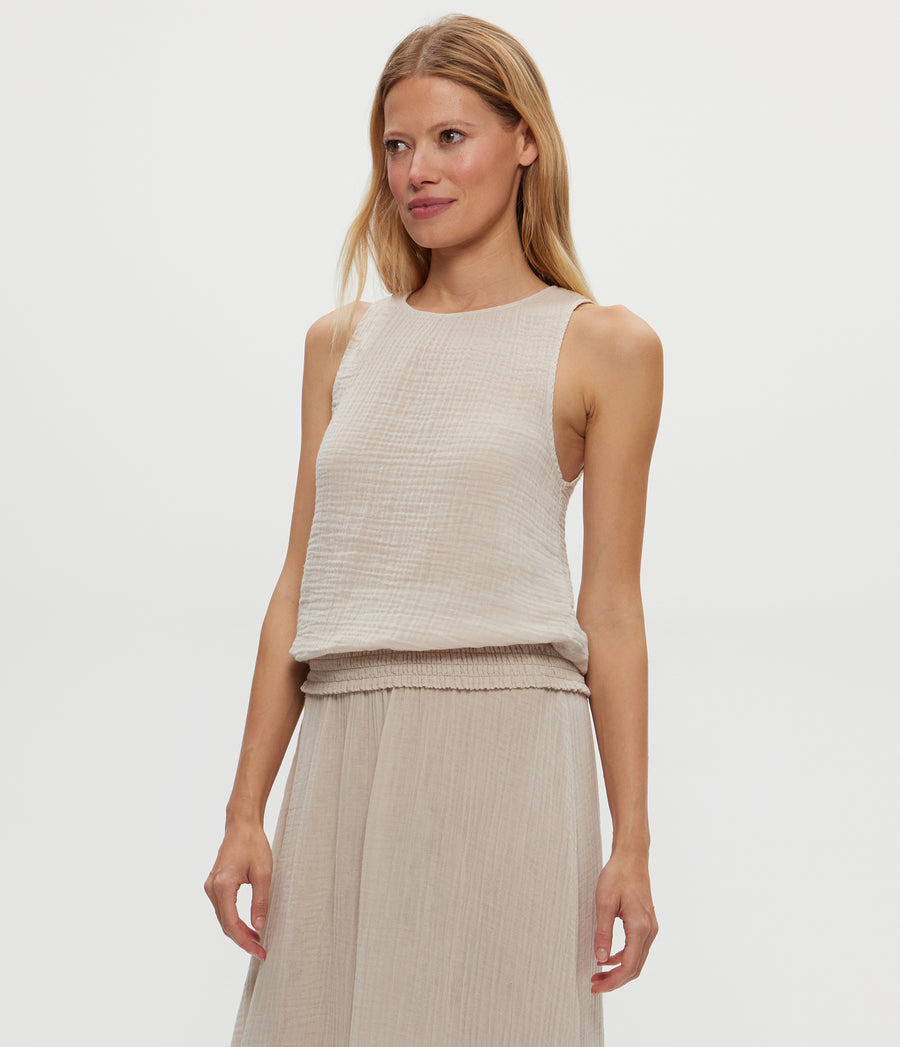 Janelle Tie Neck Tank in  Cement  Beige Side View #CEMENT