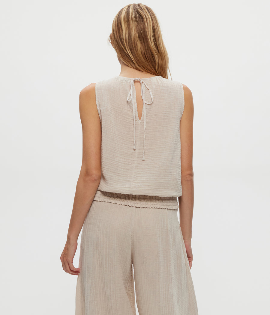 Janelle Tie Neck Tank in  Cement  Beige Back View #CEMENT