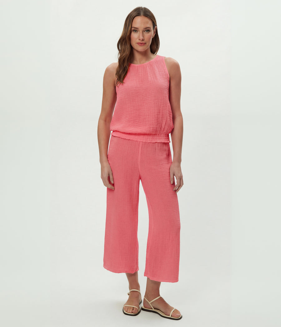 Janelle Tie Neck Tank in DRAGONFRUIT Pink Full Body View #DRAGONFRUIT