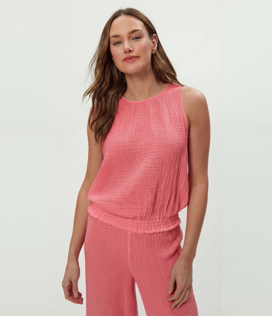 Janelle Tie Neck Tank in DRAGONFRUIT Pink Close Up View #DRAGONFRUIT