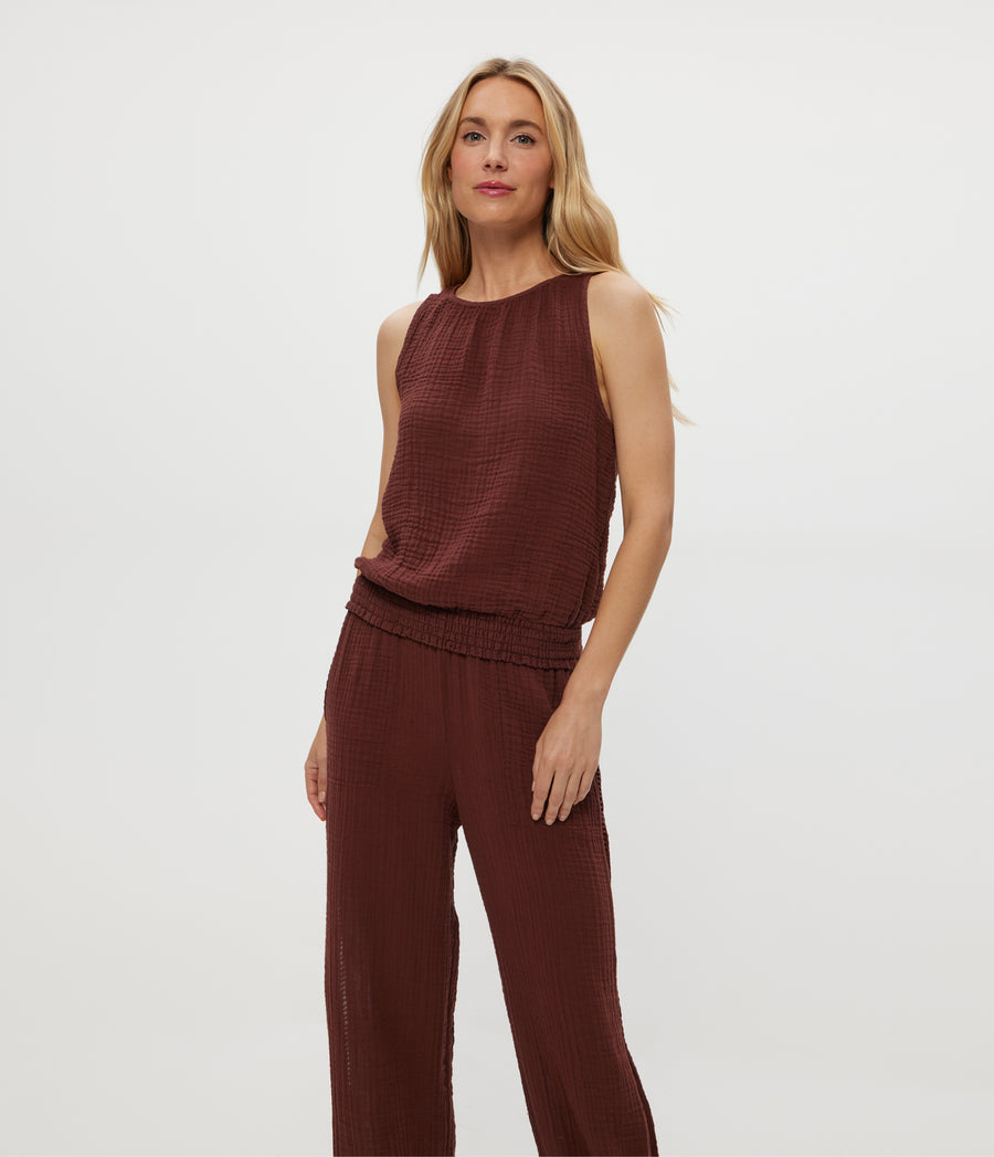 Janelle Tie Neck Tank in ESPRESSO Brown Close Up View #ESPRESSO