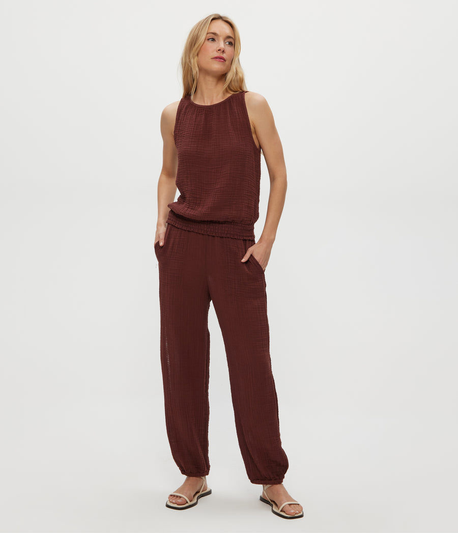 Janelle Tie Neck Tank in ESPRESSO Brown Full Body View #ESPRESSO