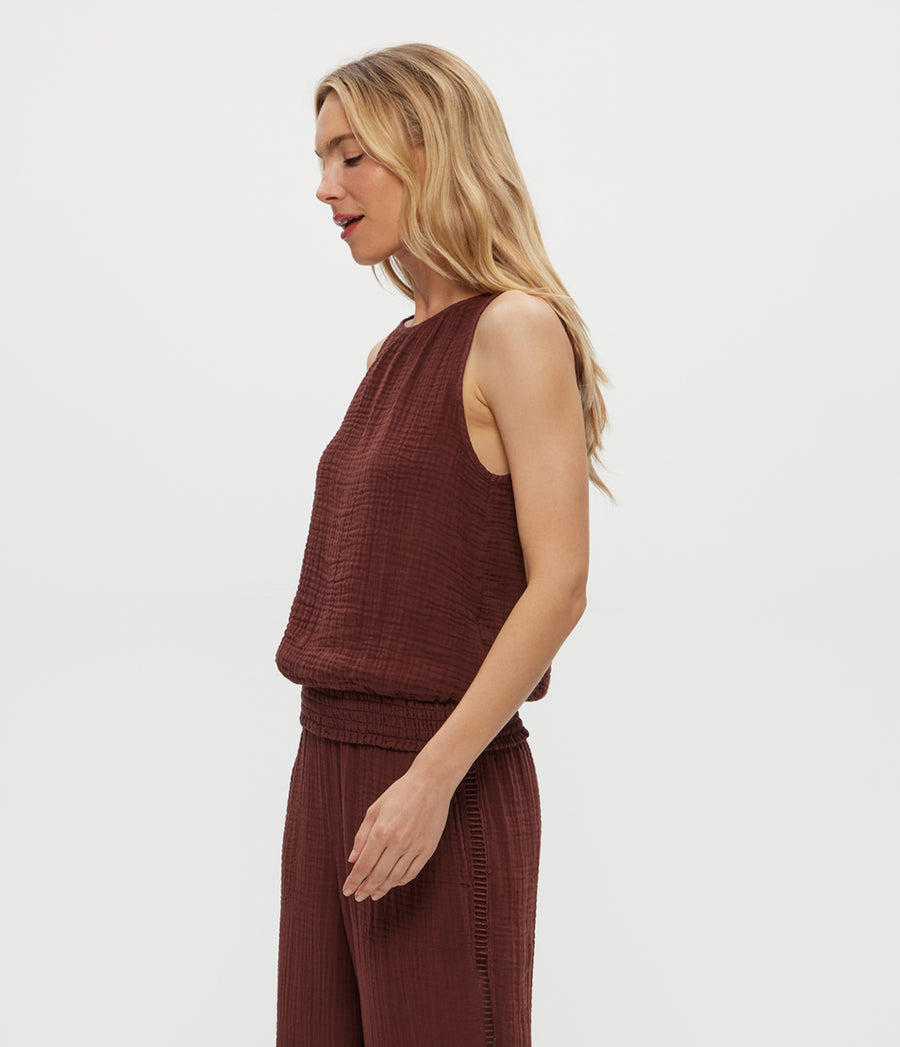 Janelle Tie Neck Tank in ESPRESSO Brown Side View #ESPRESSO