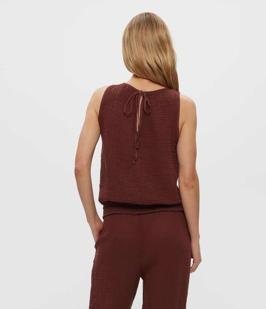 Janelle Tie Neck Tank in ESPRESSO Brown Back View #ESPRESSO