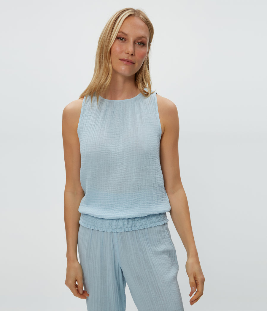 Janelle Tie Neck Tank in Fountain Blue Close Up View #FOUNTAIN