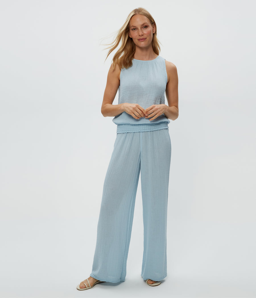 Janelle Tie Neck Tank in Fountain Blue Full Body View #FOUNTAIN