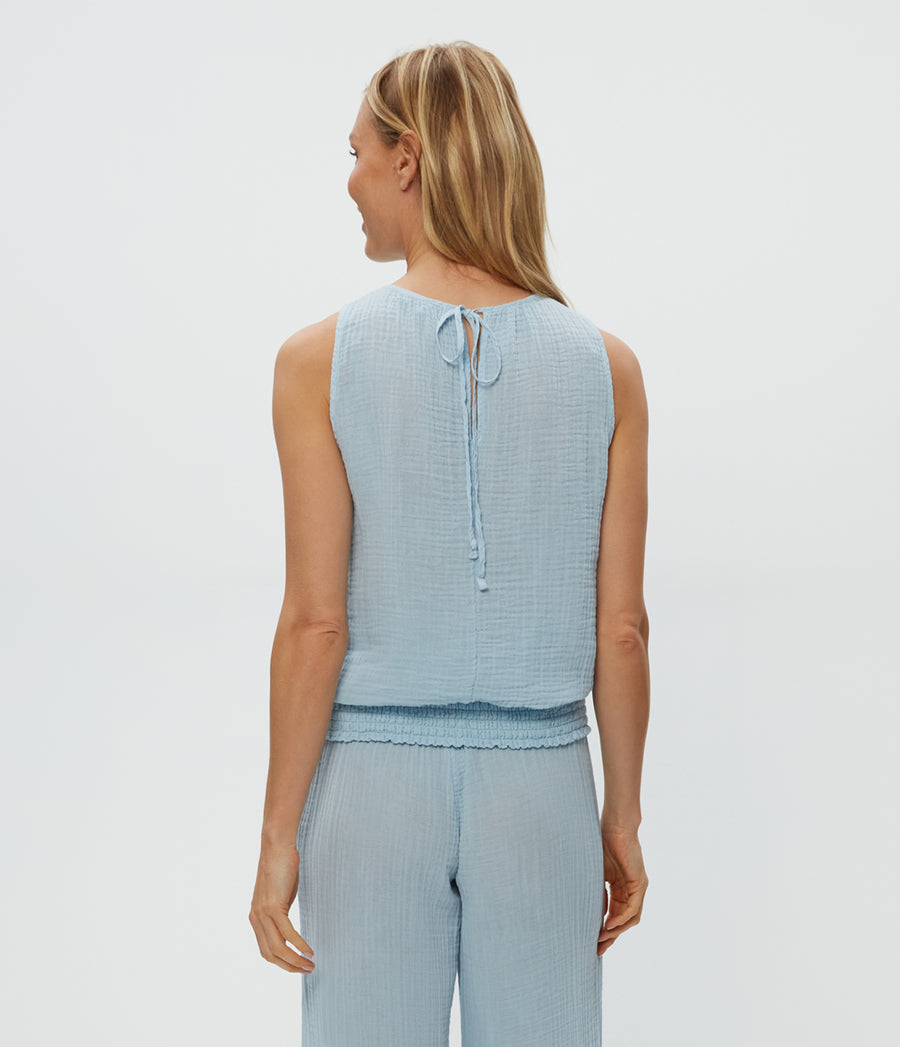 Janelle Tie Neck Tank in Fountain Blue Back View #FOUNTAIN