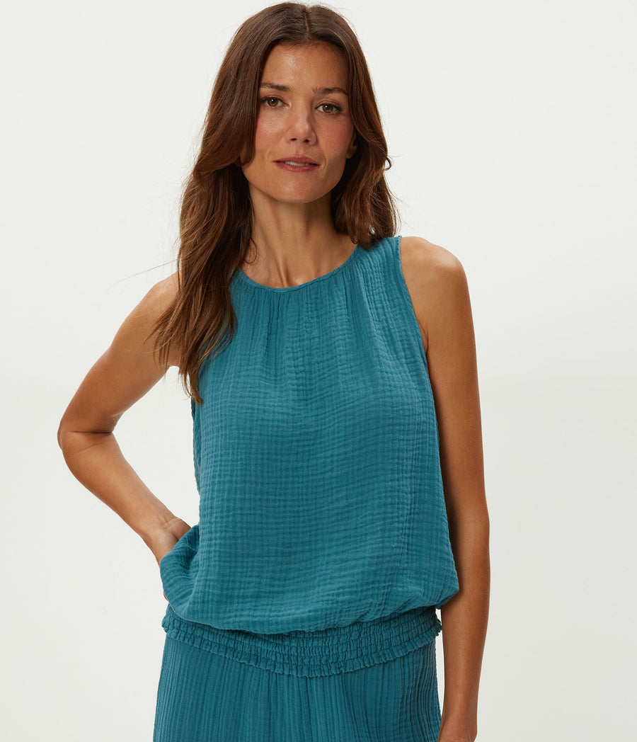 Janelle Tie Neck Tank in GLAZE Blue Close Up View #GLAZE