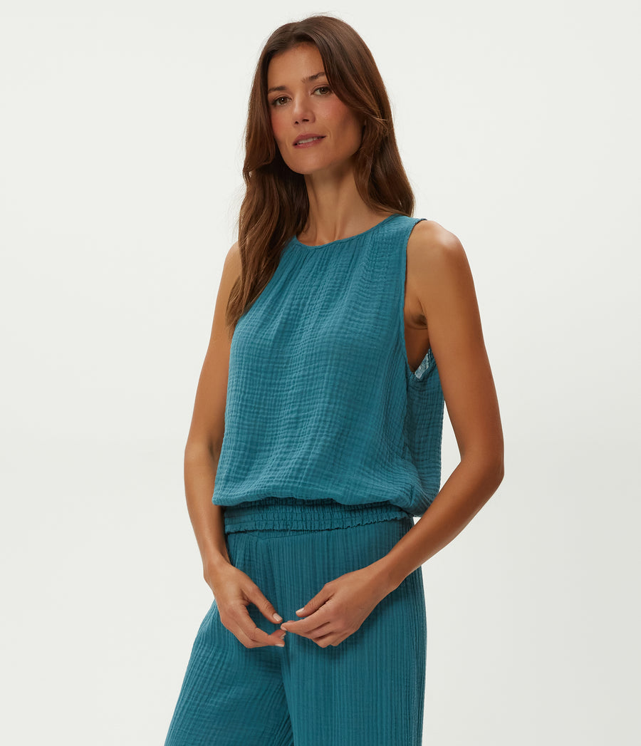 Janelle Tie Neck Tank in GLAZE Blue Side View #GLAZE