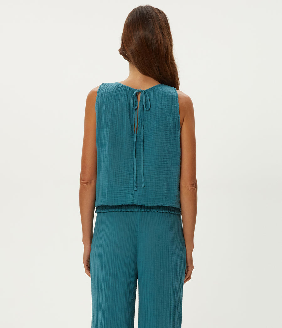 Janelle Tie Neck Tank in GLAZE Blue Back View #GLAZE