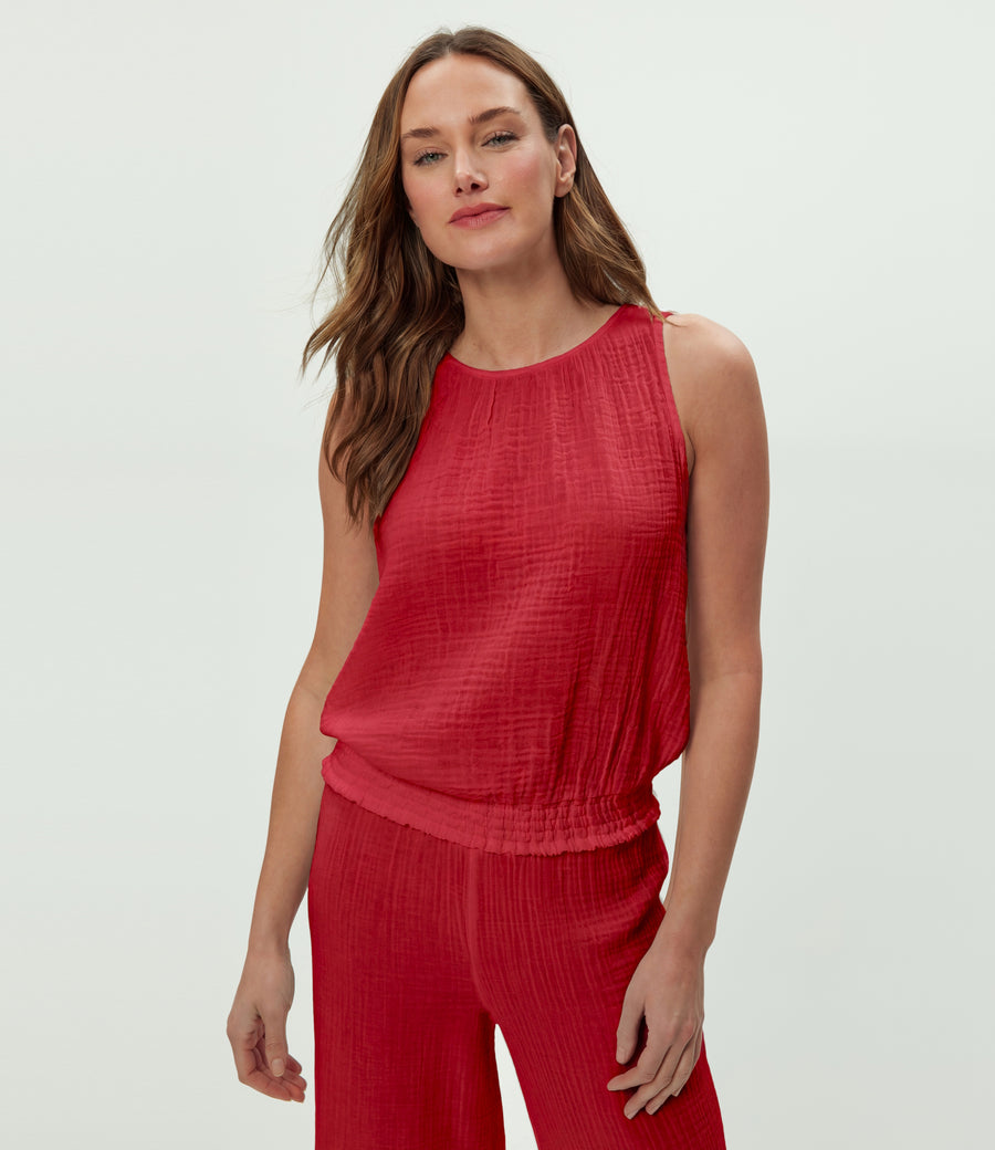 Janelle Tie Neck Tank in LACQUER RED Close up View #LACQUER
