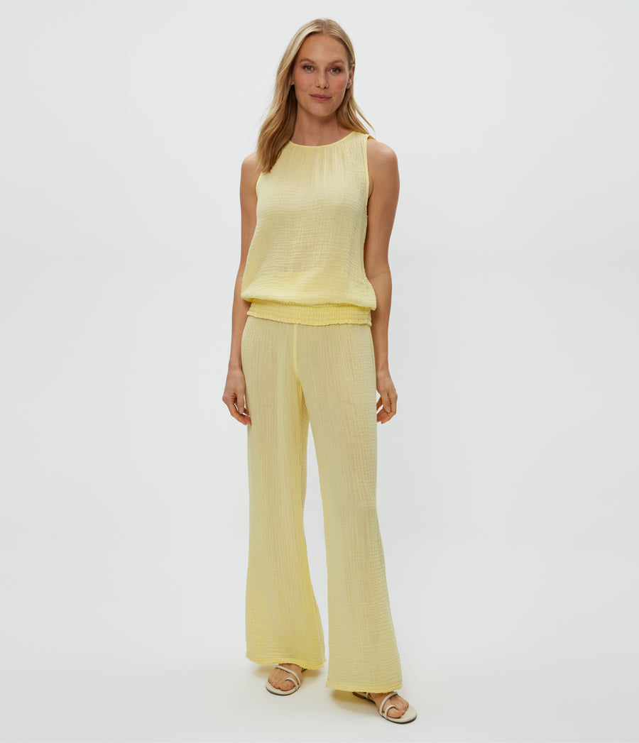 Janelle Tie Neck Tank in Lemonade Yellow Full Body View #LEMONADE