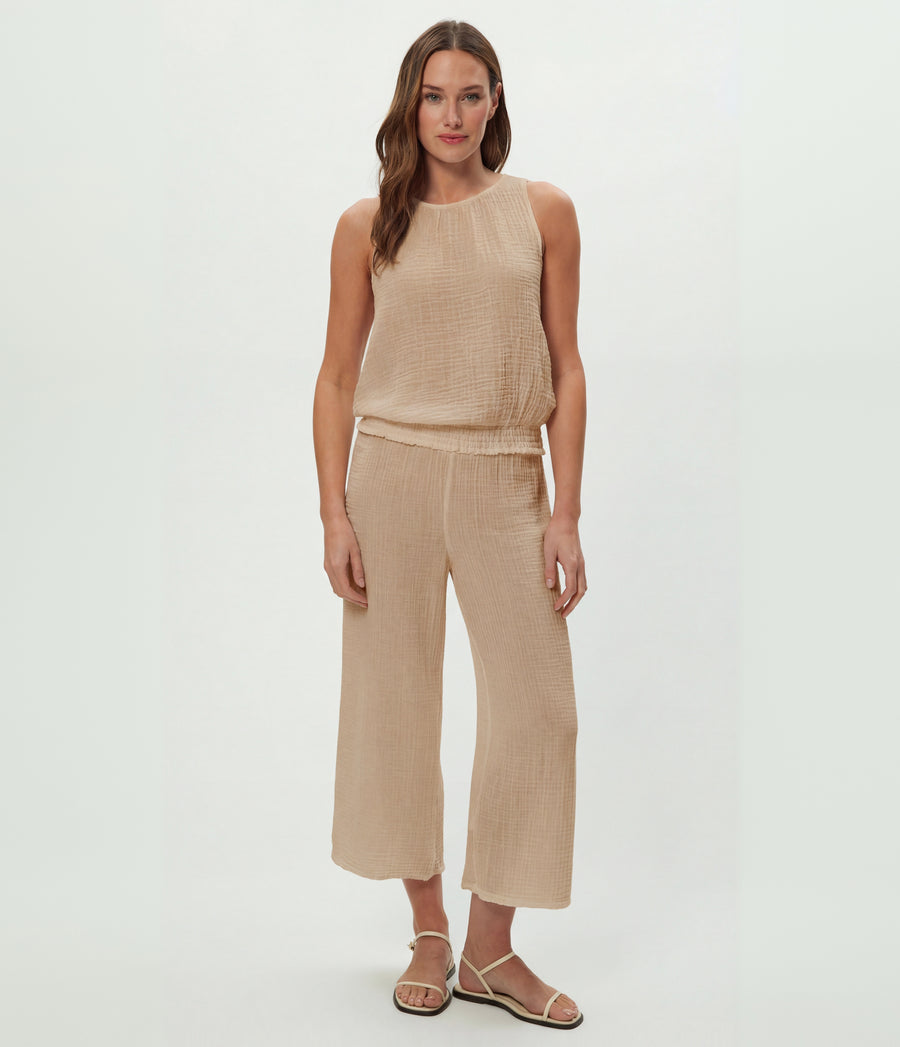Janelle Tie Neck Tank in  MACADAMIA Beige Full Body View #MACADAMIA