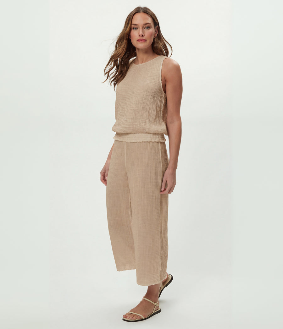 Janelle Tie Neck Tank in  MACADAMIA Beige Side View #MACADAMIA