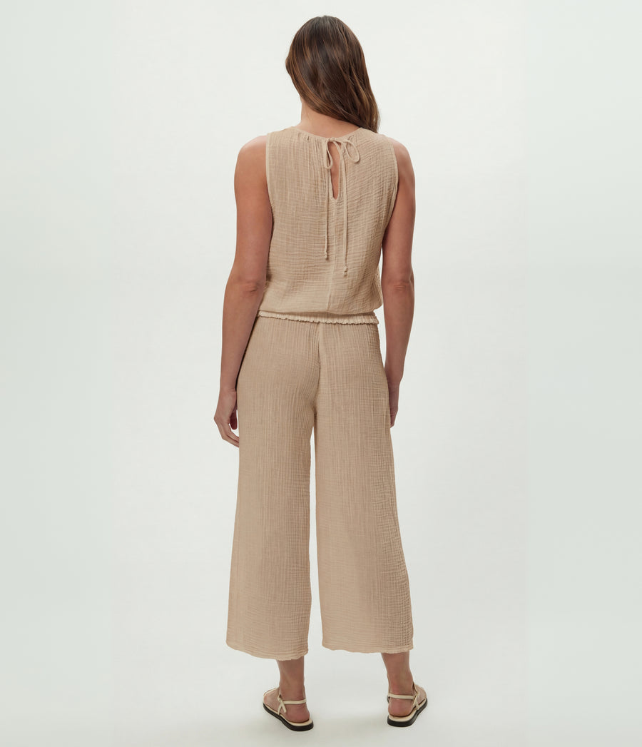 Janelle Tie Neck Tank in  MACADAMIA Beige Back View #MACADAMIA