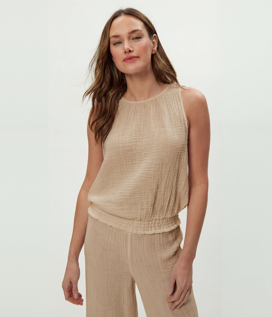 Janelle Tie Neck Tank in  MACADAMIA Beige Close up View #MACADAMIA