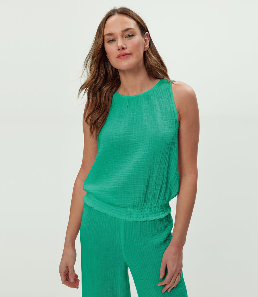 Janelle Tie Neck Tank in MALDIVES Green Close up View #MALDIVES
