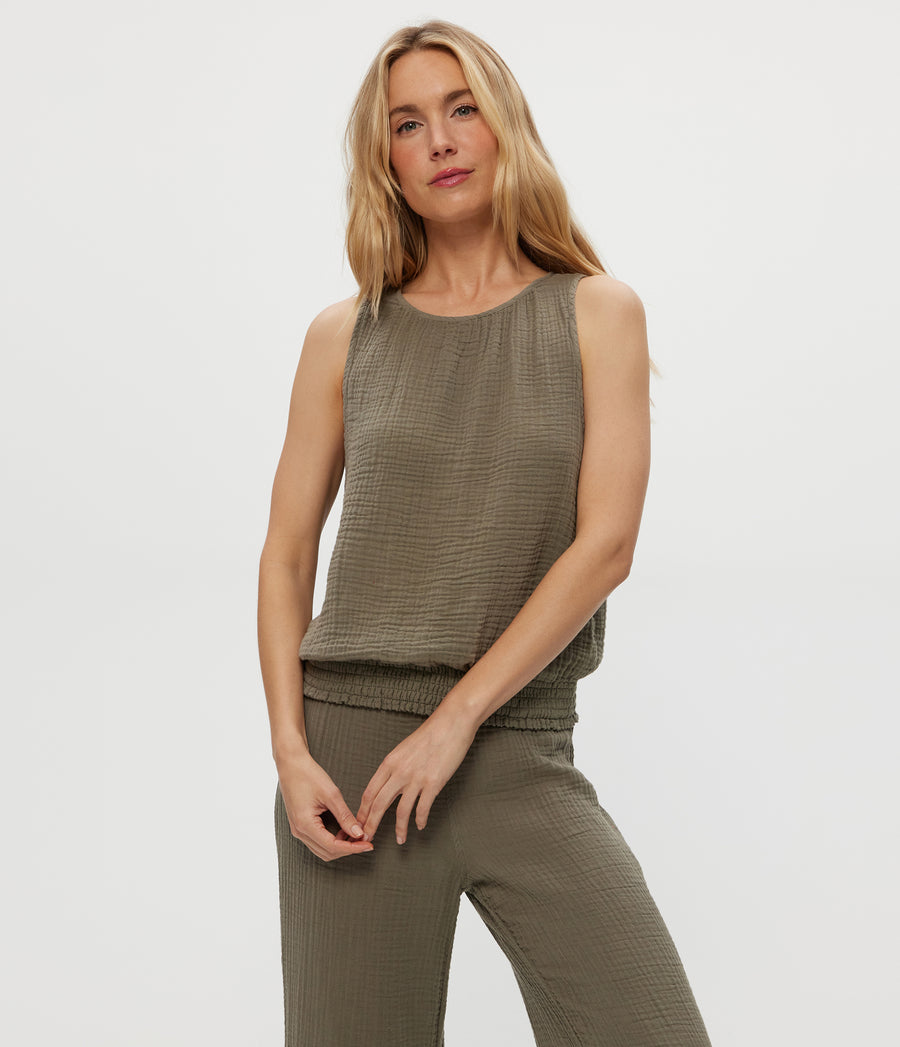 Janelle Tie Neck Tank in Olive Green Close up View #OLIVE