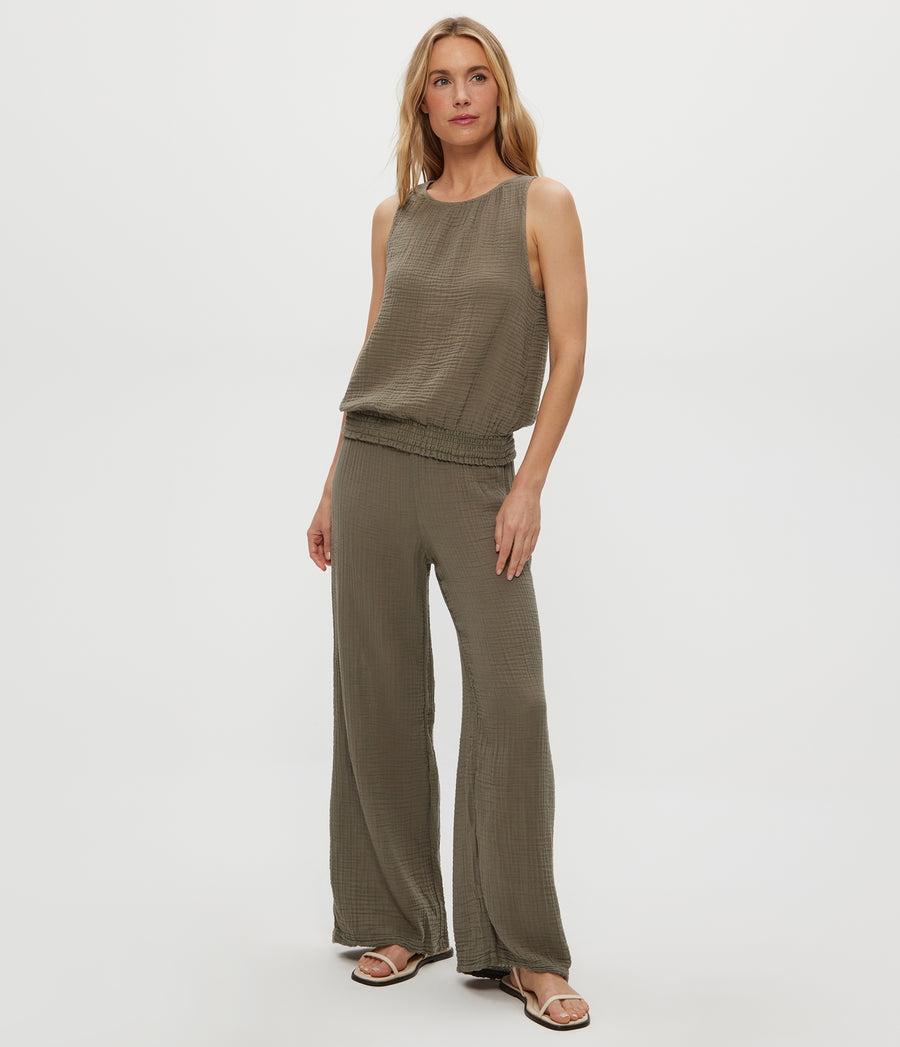 Janelle Tie Neck Tank in Olive Green Full Body View #OLIVE