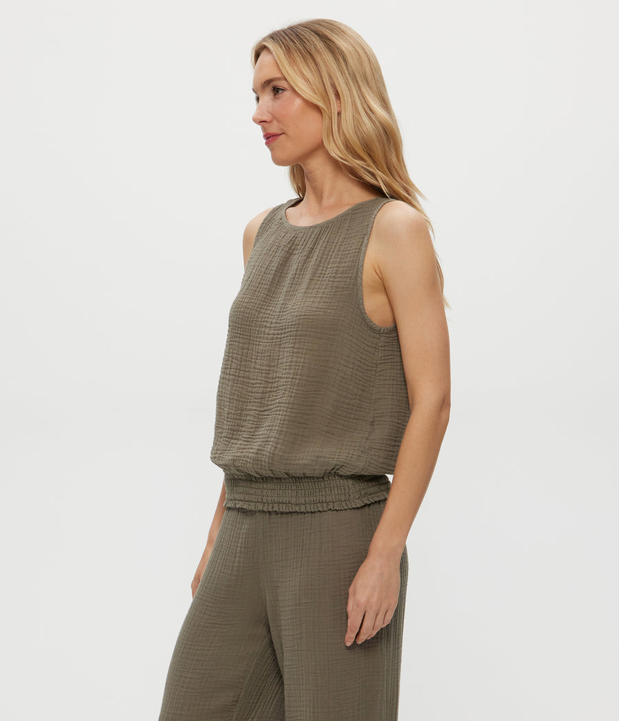 Janelle Tie Neck Tank in Olive Green Side View #OLIVE