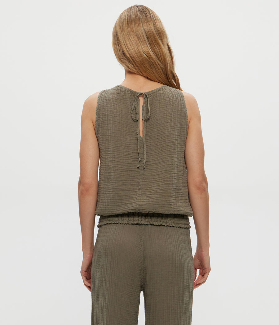 Janelle Tie Neck Tank in Olive Green Back View #OLIVE