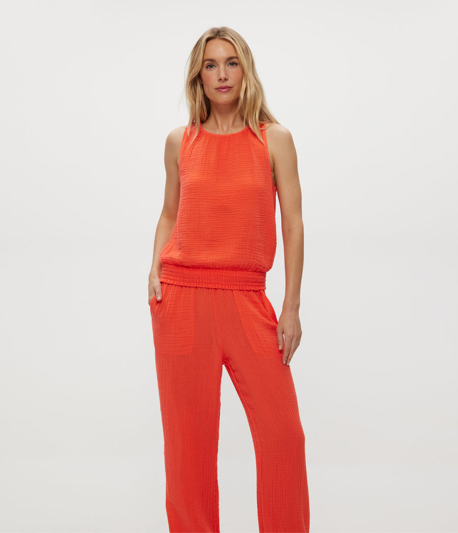Janelle Tie Neck Tank in PERSIMMON ORANGE Close Up View #PERSIMMON