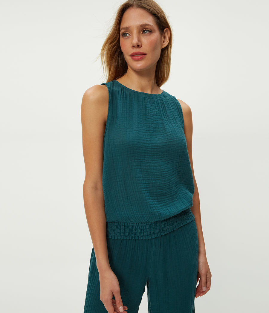 Janelle Tie Neck Tank in RAINFOREST BLUE Combo Close up View #RAINFOREST