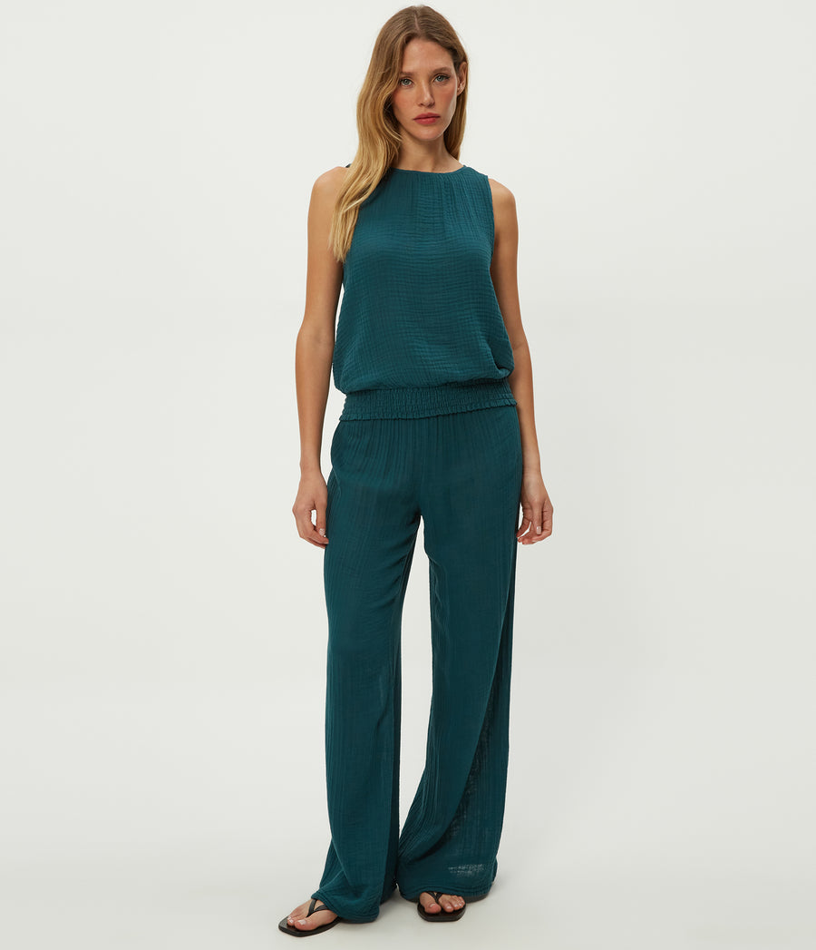 Janelle Tie Neck Tank in RAINFOREST BLUE Combo Full Body View #RAINFOREST