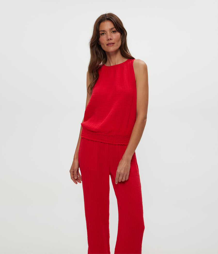 Janelle Tie Neck Tank in Rumba Red Close Up View #RUMBA