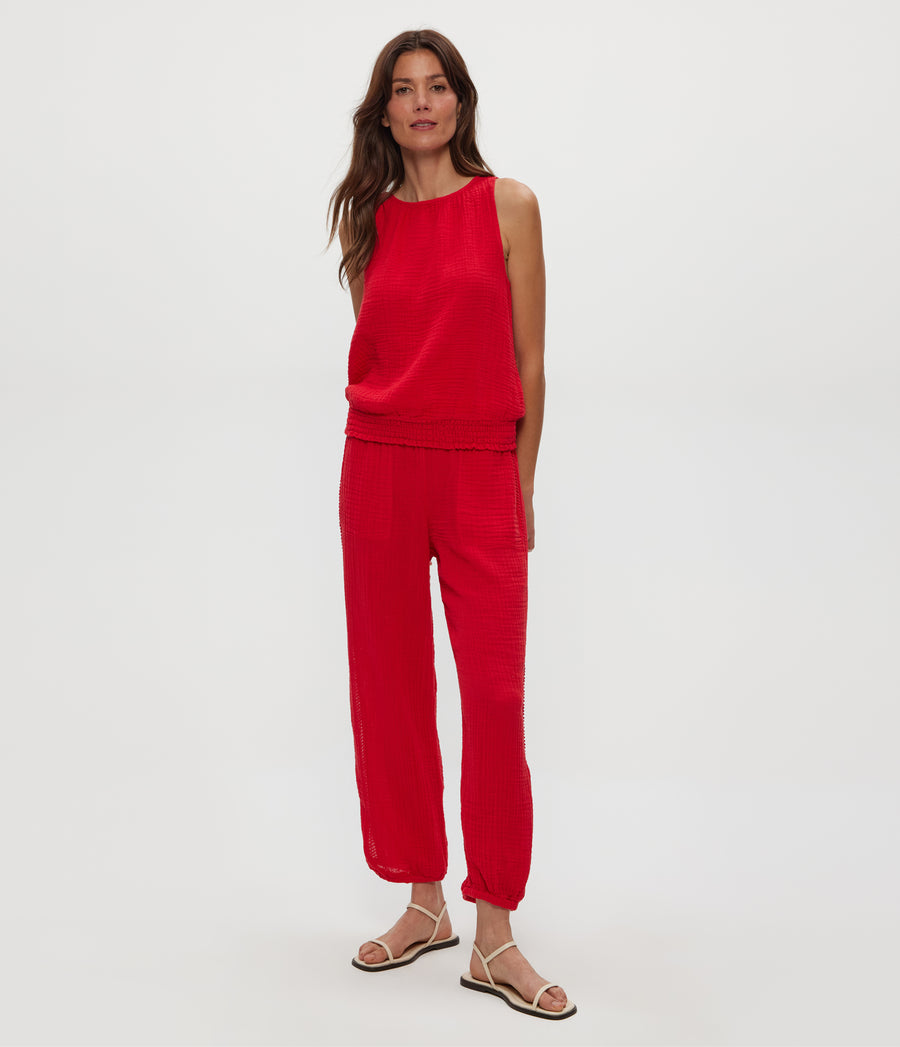 Janelle Tie Neck Tank in Rumba Red Full Body View #RUMBA
