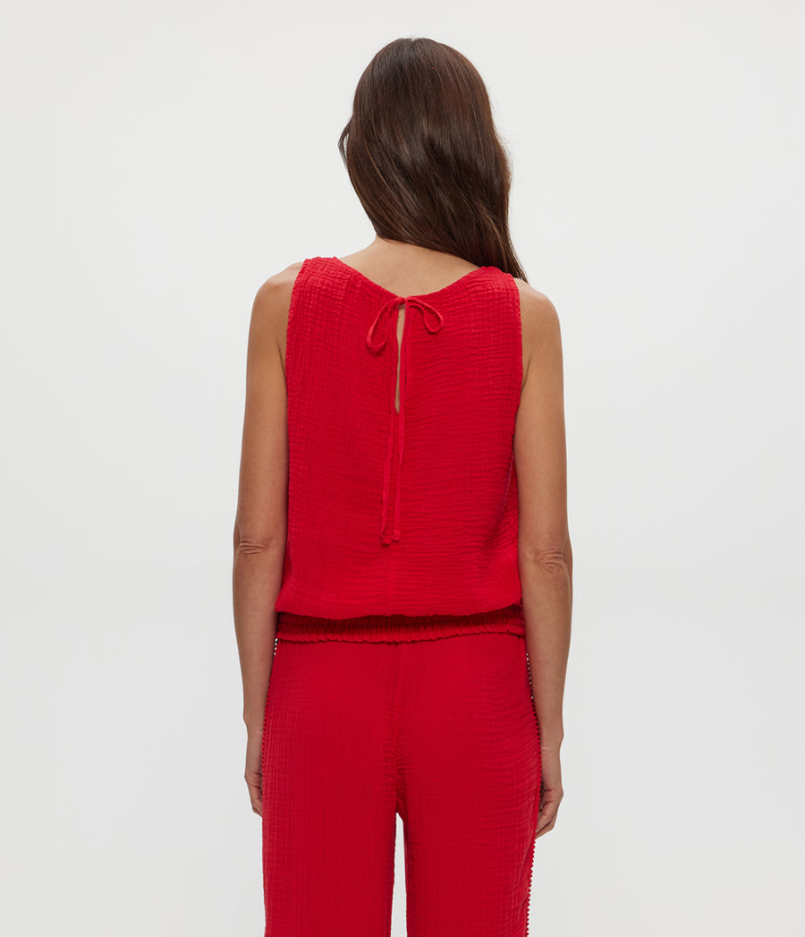 Janelle Tie Neck Tank in Rumba Red Back View #RUMBA