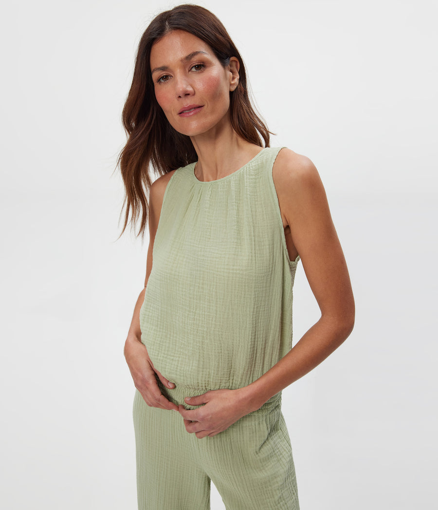 Janelle Tie Neck Tank in Seacrest Green Close Up View #SEACREST