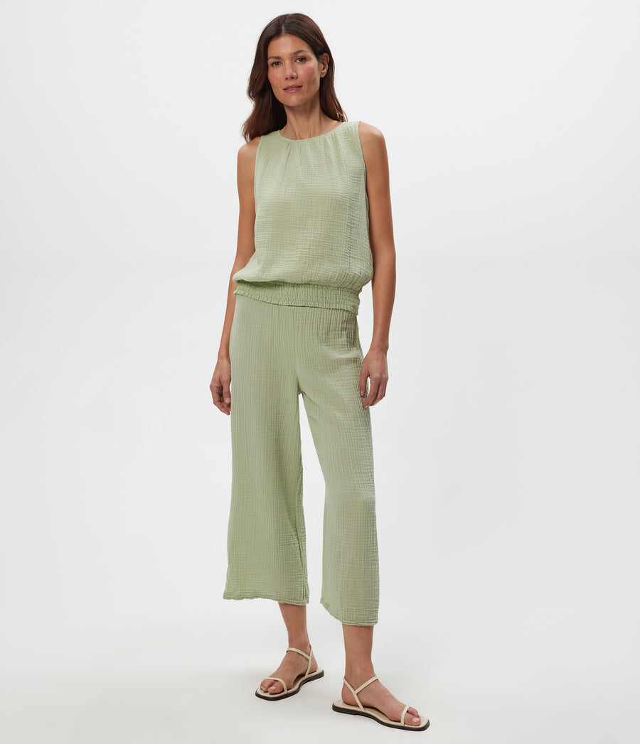 Janelle Tie Neck Tank in Seacrest Green Close Up View #SEACREST