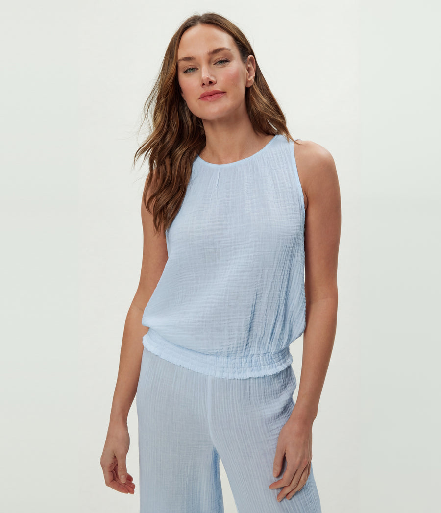 Janelle Tie Neck Tank in SPLASH Blue Close up View #SPLASH