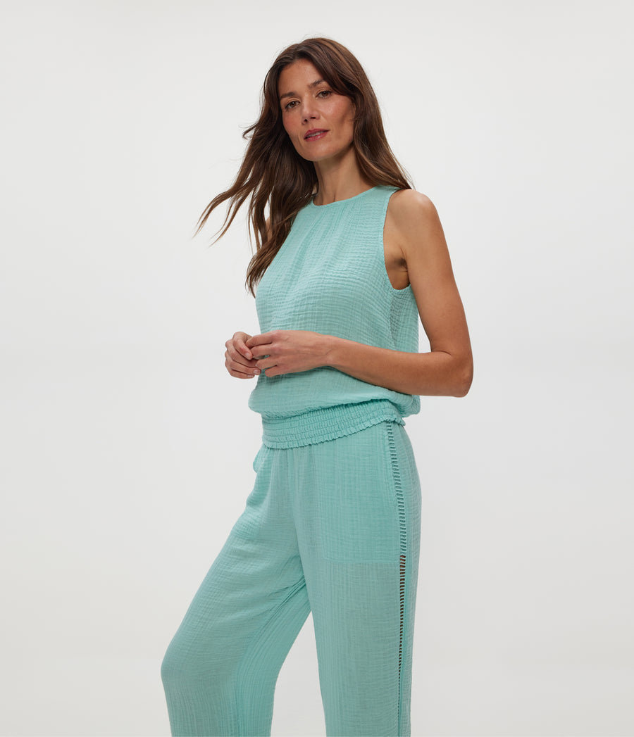 Janelle Tie Neck Tank in SERENE BLUE Close Up View #SERENE
