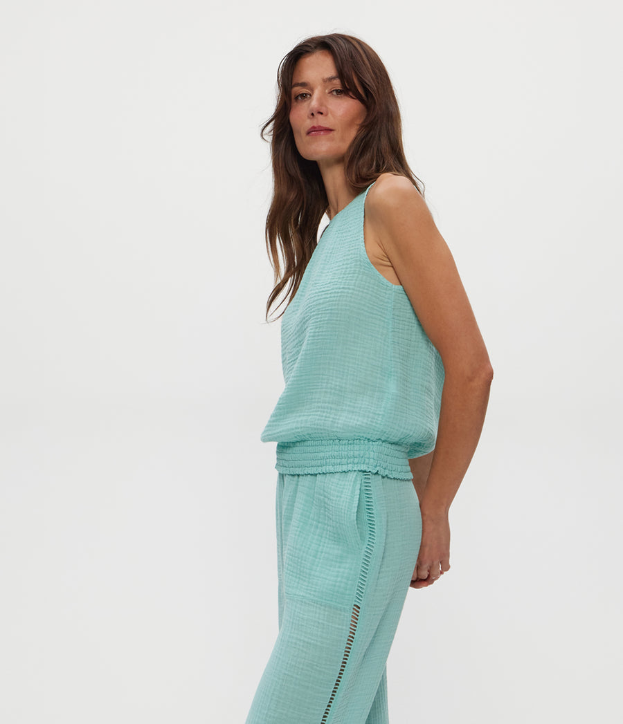Janelle Tie Neck Tank in SERENE BLUE Side View #SERENE