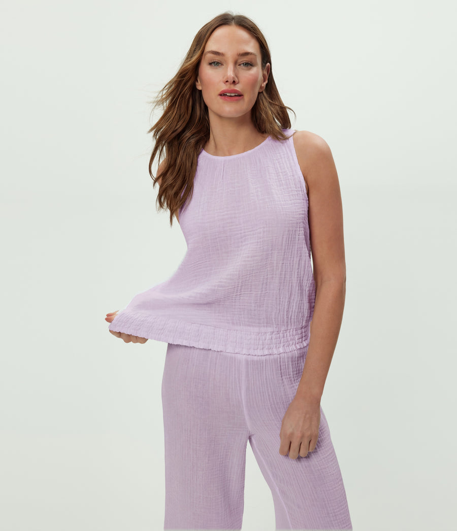 Janelle Tie Neck Tank in WHIMSY PURPLE Close up View #WHIMSY