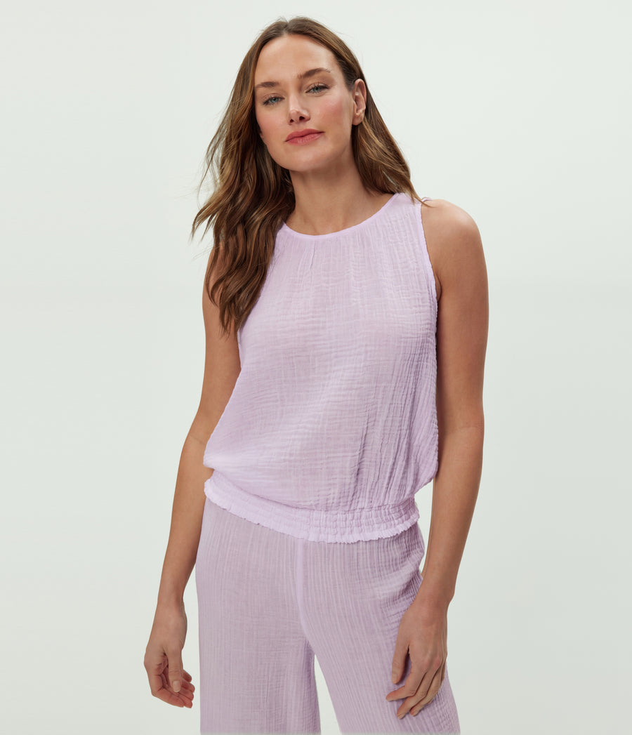 Janelle Tie Neck Tank in WHIMSY PURPLE Close up View #WHIMSY