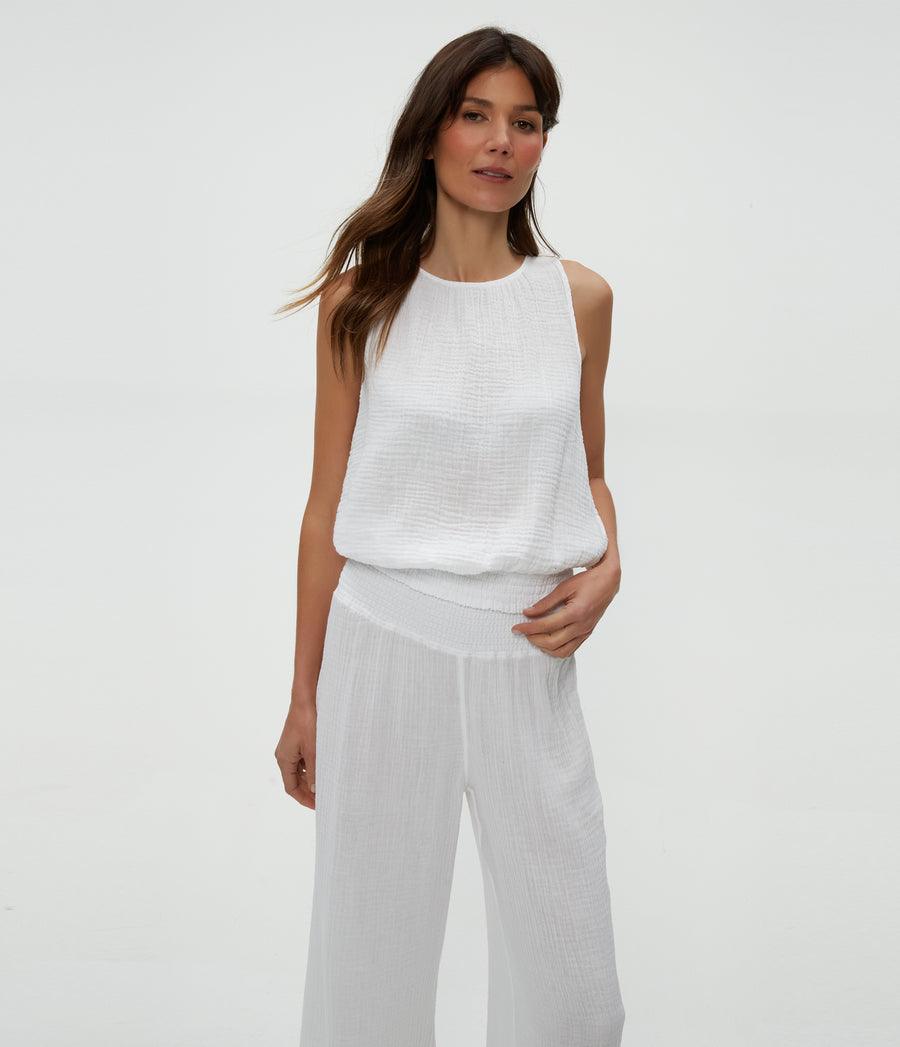 Janelle Tie Neck Tank in White  Close Up View #WHITE