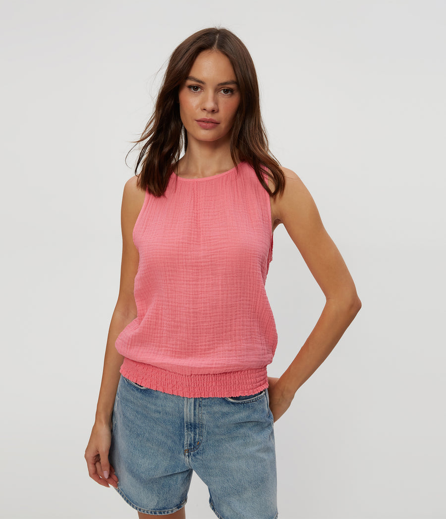 Janelle Tie Neck Tank in ZINNIA PINK Close Up View #ZINNIA