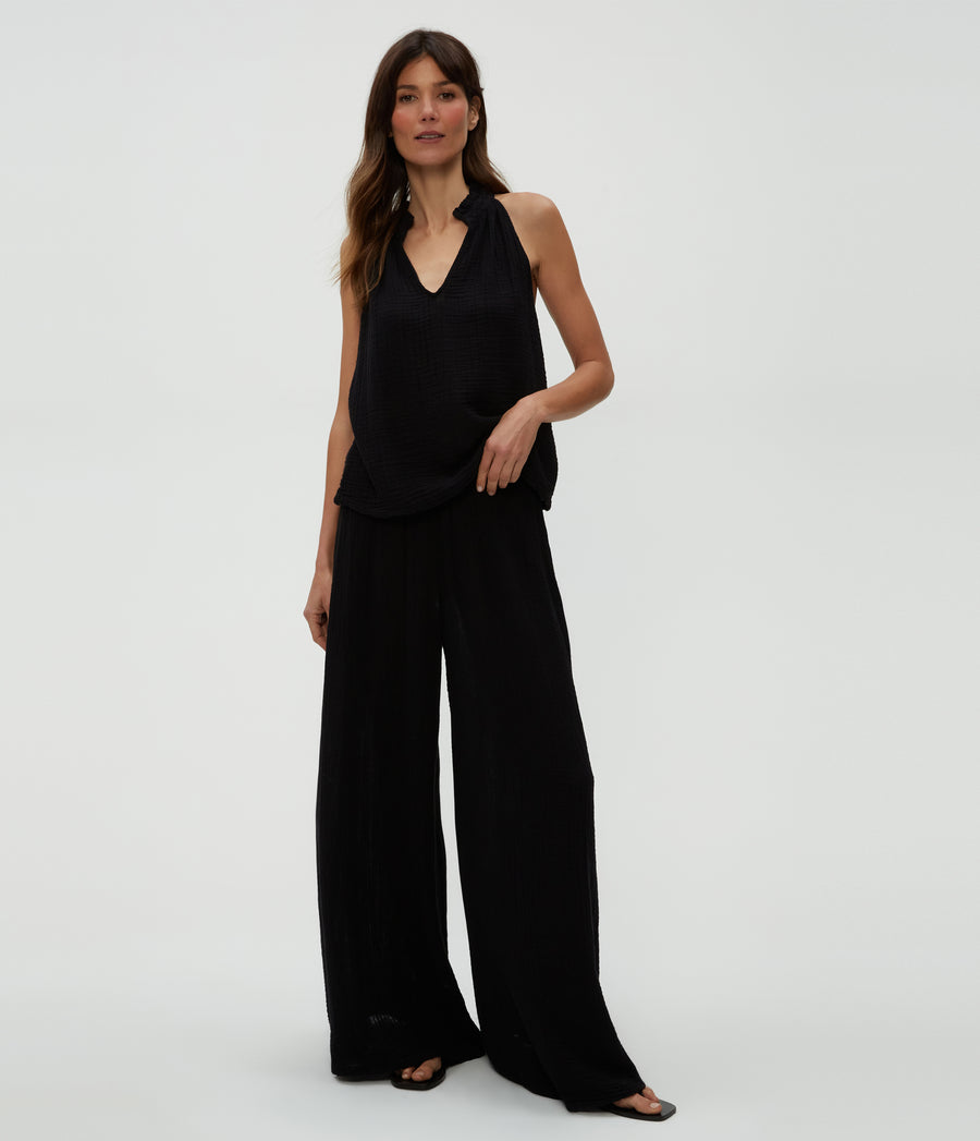 Simba Smocked Waist Pant in Black  Close Up View #BLACK