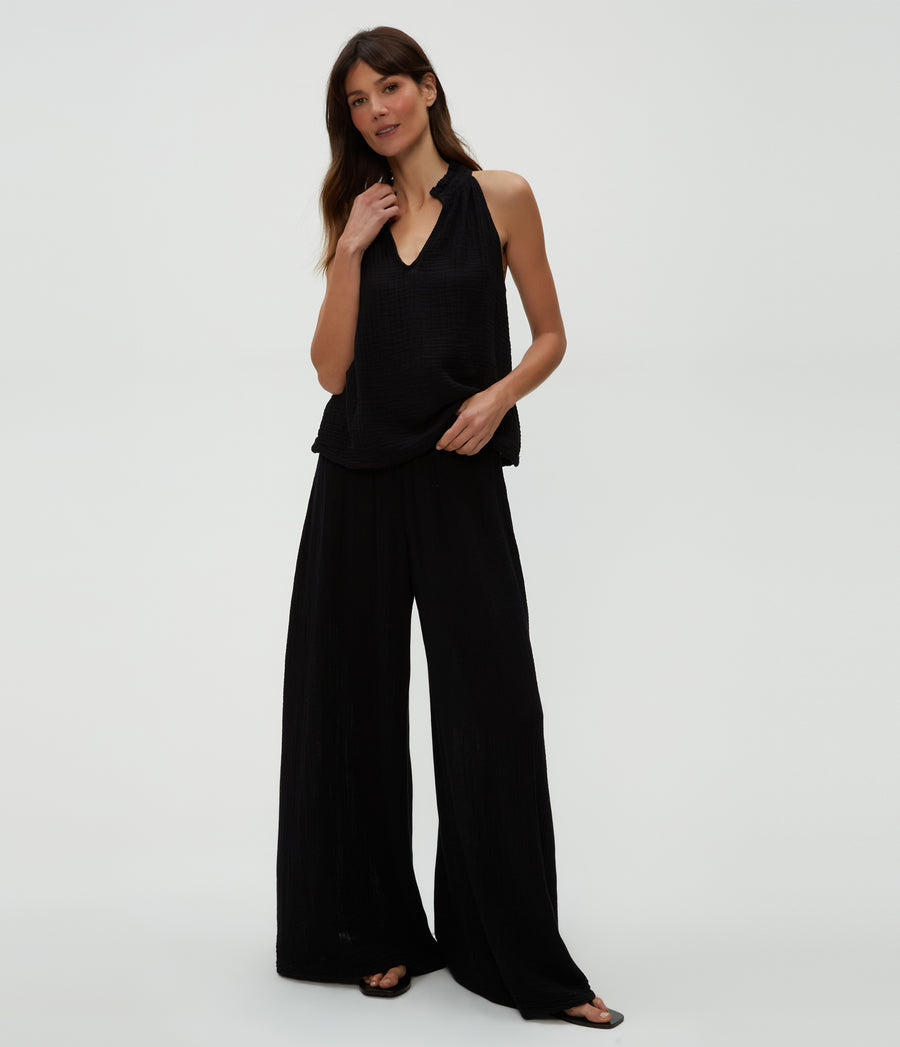 Simba Smocked Waist Pant in Black  Full Body View #BLACK
