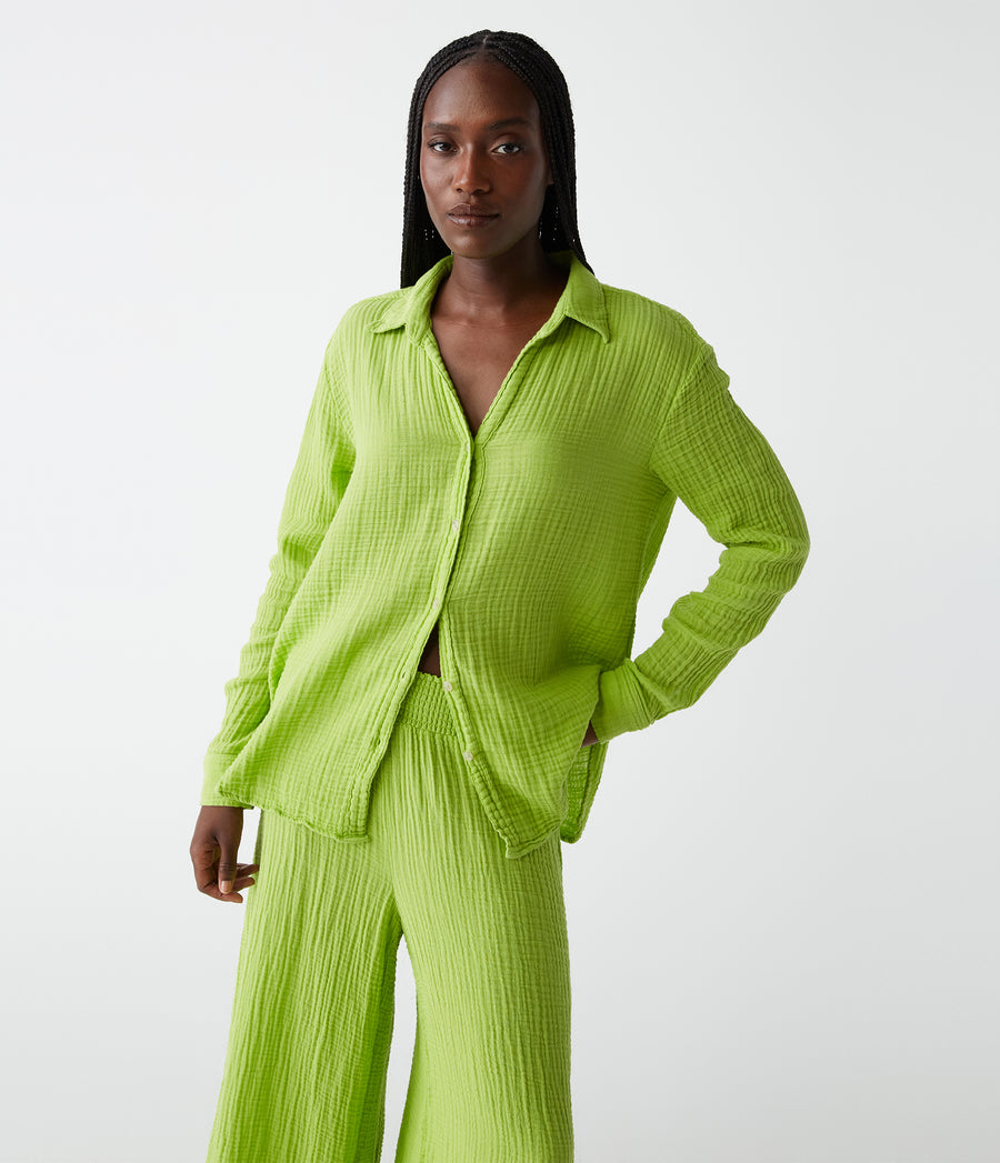 Simba Smocked Waist Pant in Lettuce Green Close Up View #LETTUCE