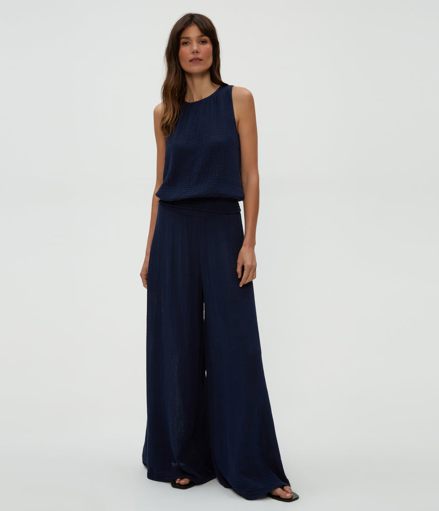 Simba Smocked Waist Pant in Nocturnal Blue Full Body View #NOCTURNAL