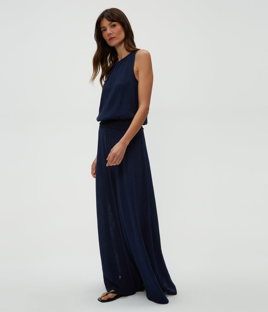 Simba Smocked Waist Pant in Nocturnal Blue Side View #NOCTURNAL